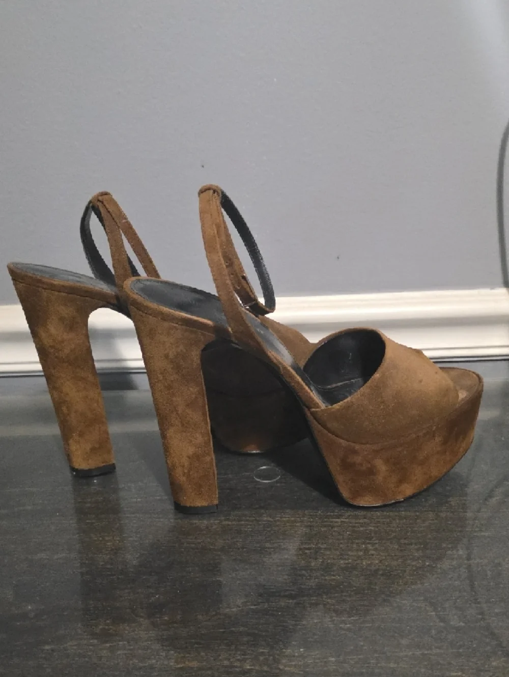 Saint Laurent JODY Brown Suede Platform Sandals with Ankle Strap 38½ 8.5
